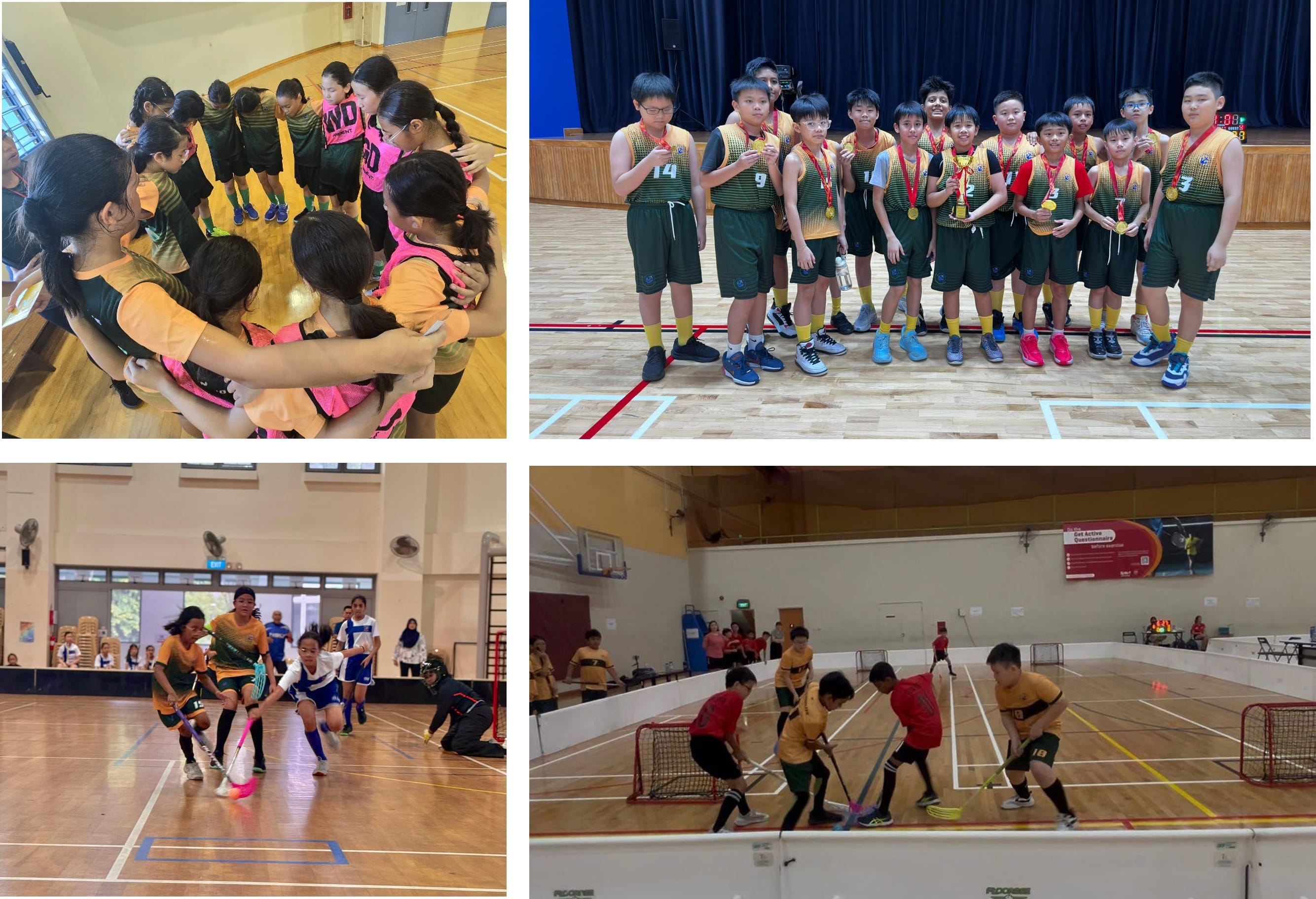 A collage of four photographs highlighting students’ participation in physical education and sports activities. In the top-left image, students stand in a team huddle on an indoor court, demonstrating teamwork and sportsmanship before a game. In the top-right image, a group of students wearing sports uniforms proudly display medals and a trophy after a sporting achievement. In the bottom-left image, students compete in a floorball match, actively moving and controlling the ball during gameplay. In the bottom-right image, students participate in an indoor floorball game, working together in a fast-paced match near the goal area. The images showcase physical fitness, teamwork, resilience, sports skills, and positive participation in school sports.